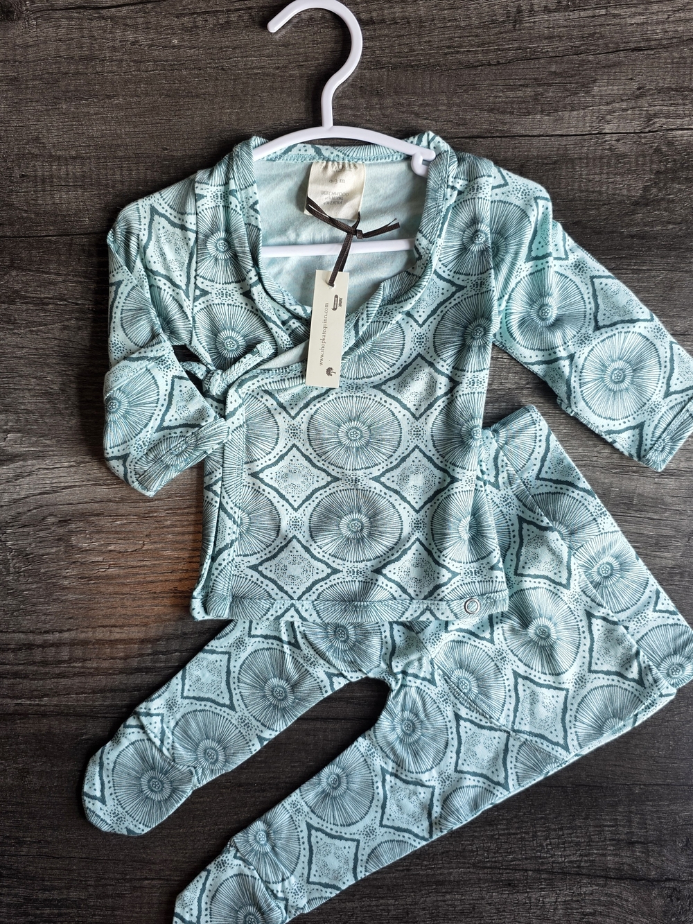 Kate Quinn 0-3 M side-snap kimono top and footed pants set Aqua Batik
